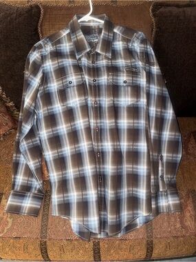 7 Diamonds  Large 
Men's Casual Plaid Button-Down Shirt - Brown & Blue